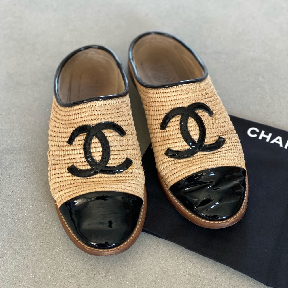 Authentic Chanel raffia mules slides logo loafers